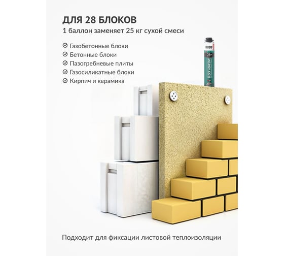 Полиуретановый клей для строительных блоков KUDO профессиональный, всесезонный PROFF 28, 1000 мл 11605698