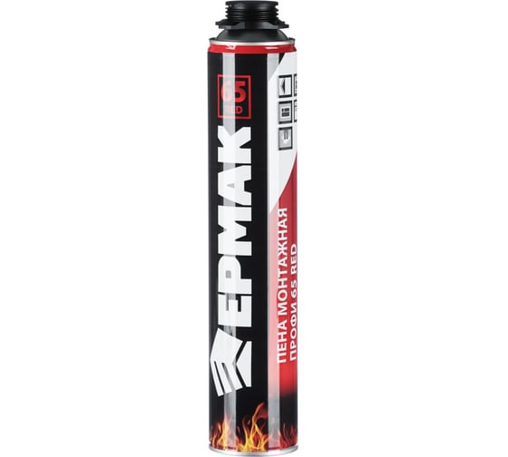 Пена монтажная ЕРМАК PROFI 65 RED fireproof огнестойкая, всесезонная, 65 л, 850 г 469-255