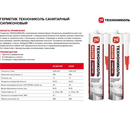 Санитарный силиконовый герметик Технониколь белый, 280 мл TN667564