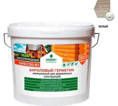 Акриловый герметик для швов в деревянных домах, конструкциях, изделиях PROSEPT цвет белый, 7 кг 0024-7 б