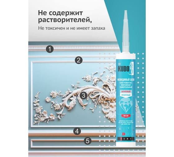 Ремонтно-монтажный универсальный клей KUDO невидимый шов, на акриловой основе, прозрачный, 280 мл КВК-300