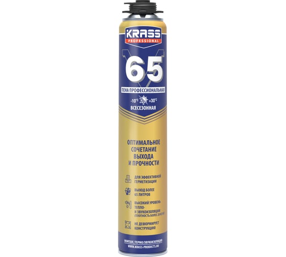 Монтажная пена KRASS Professional V65 пистолетная всесезонная 0,82 л ЛА-00003194