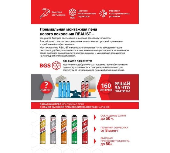 Пена монтажная REALIST PRO Red 80 л, зимняя 4602009041075