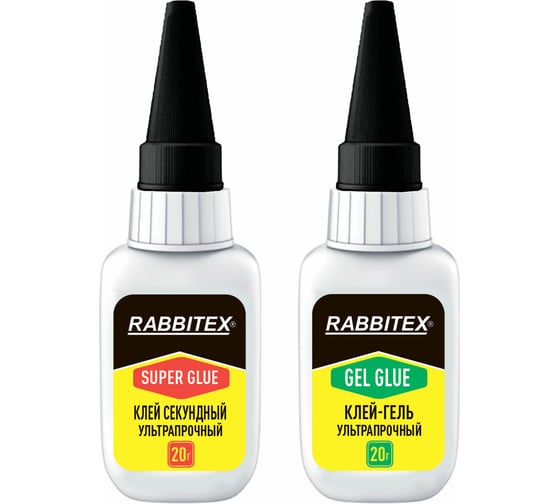 Клей-Гель + Суперклей секундный RABBITEX УЛЬТРАПРОЧНЫЙ, МАКСИМАЛЬНЫЙ ОБЪЕМ набор 2х20 грамм, 609806