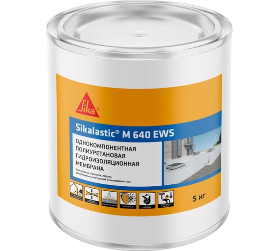 Однокомпонентный высокоэластичный полиуретановый состав SIKA lastic M 640 EWS для гидроизоляции ручного и механизированного нанесения. Серая. ведро 5 кг 918179