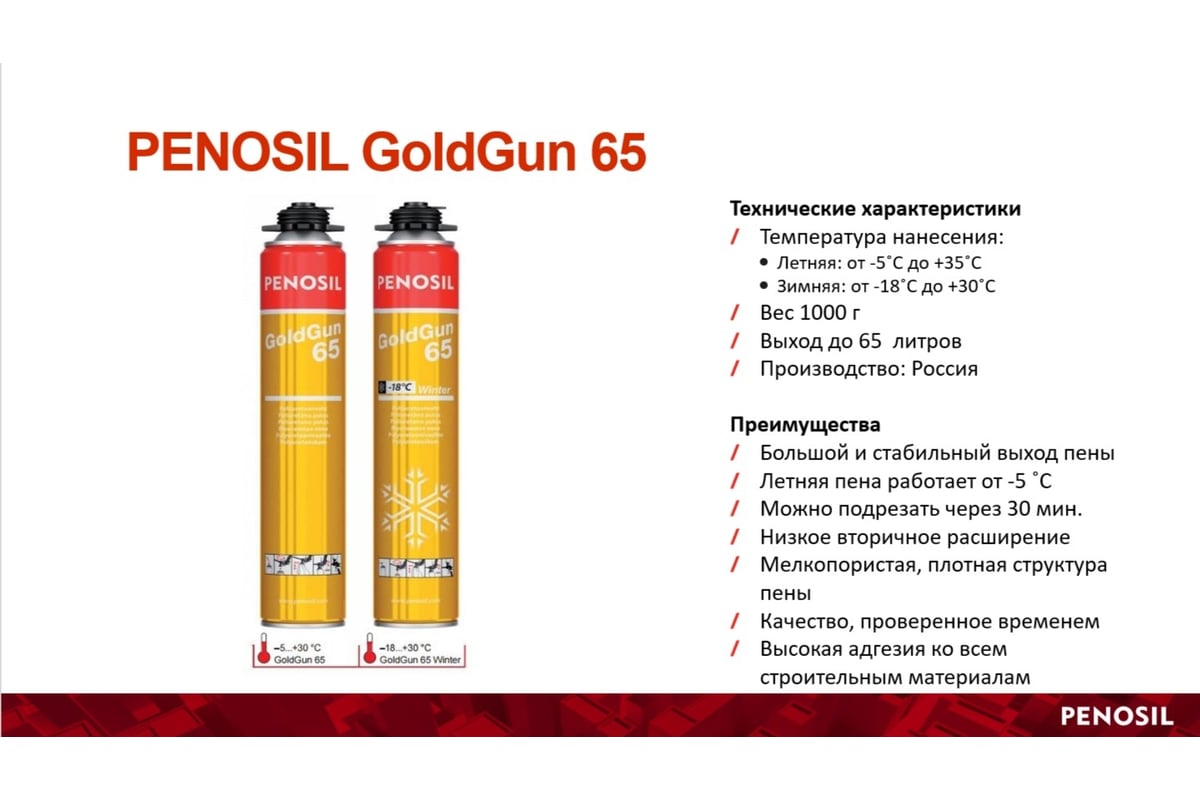 Монтажная пена Penosil Goldgun 65 Профи 875 мл 218899 A1251Z - выгодная  цена, отзывы, характеристики, фото - купить в Москве и РФ