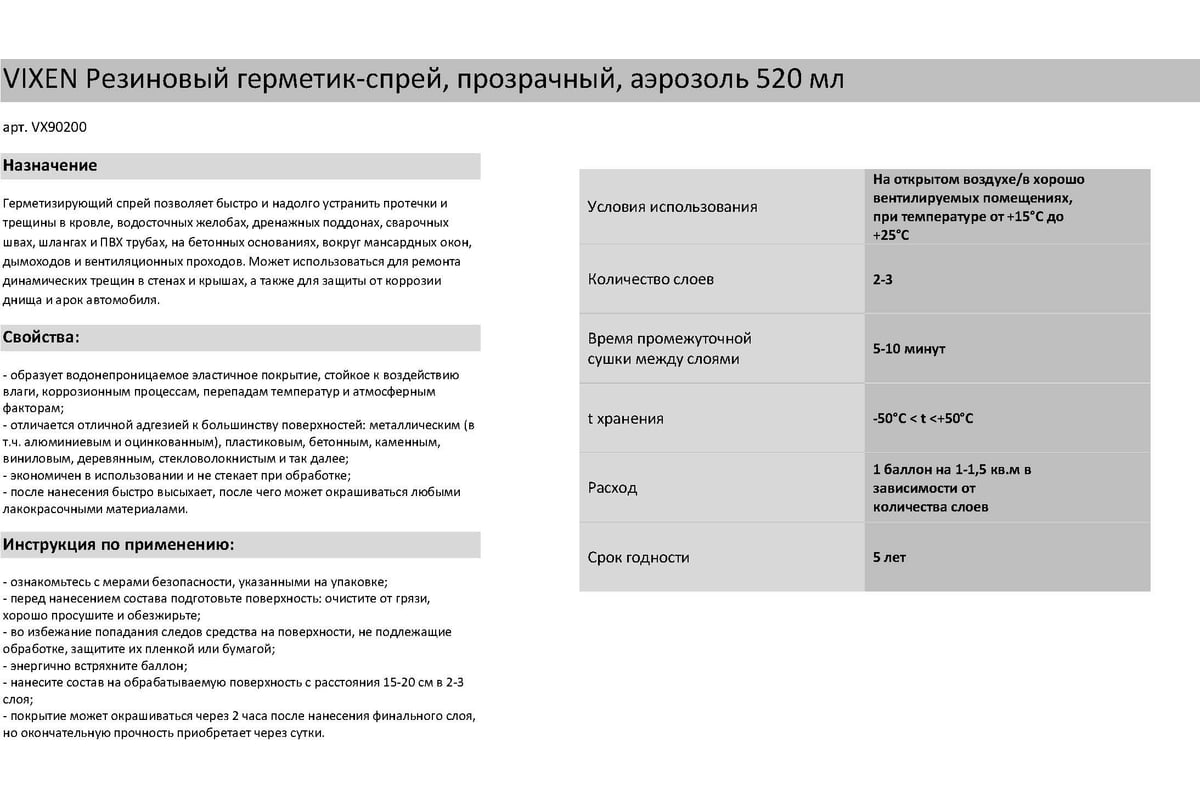 Резиновый герметик-спрей Vixen (прозрачный; аэрозоль; 520 мл) VX90200