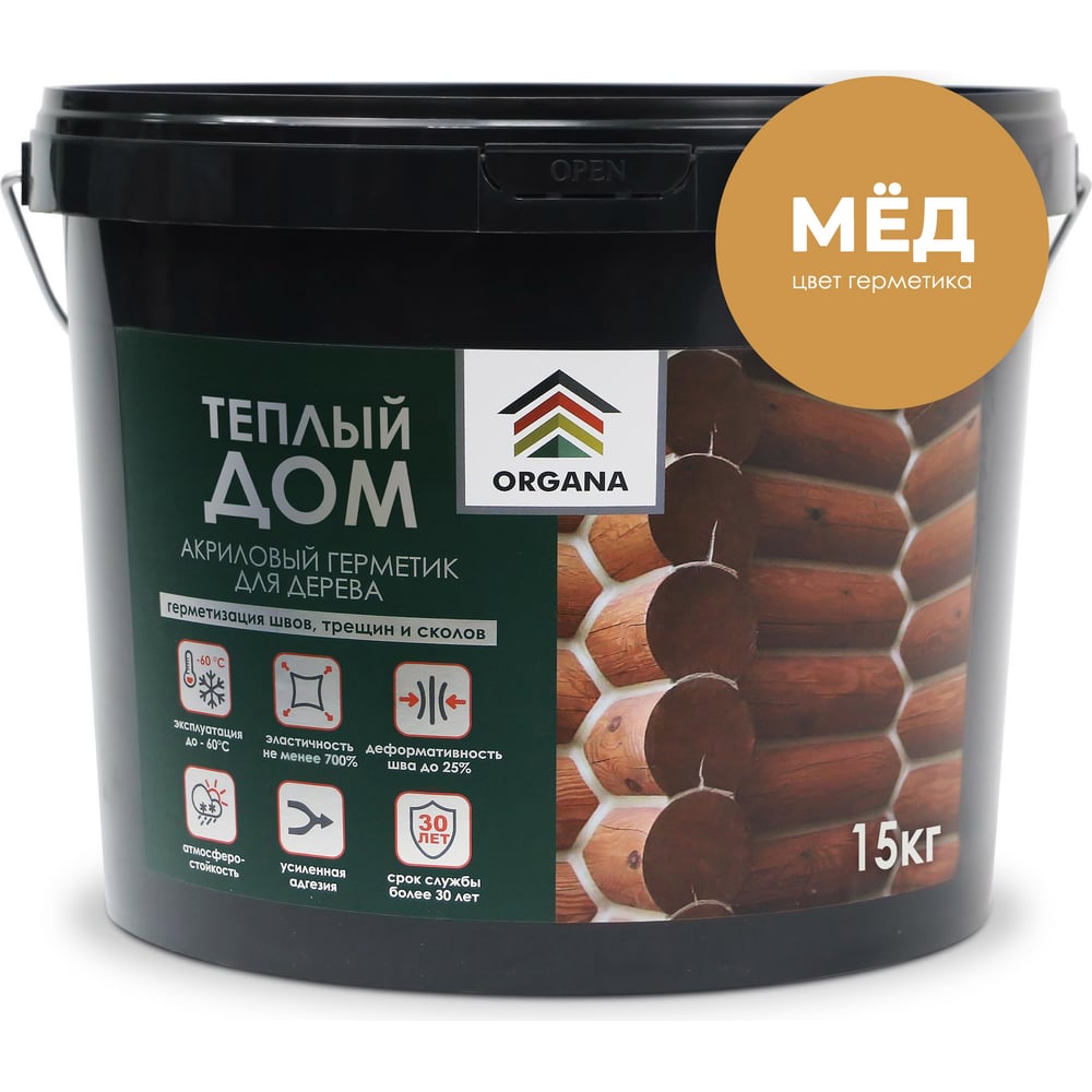 Герметик organa теплый шов log sealant, ведро 15 кг, цвет медовый 108520