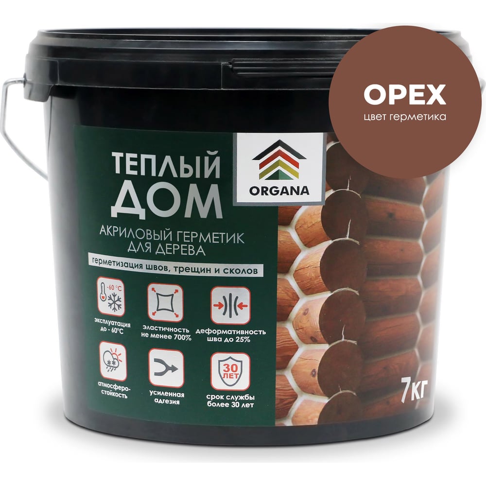 Герметик organa теплый шов log sealant, ведро 7 кг, цвет орех 108528