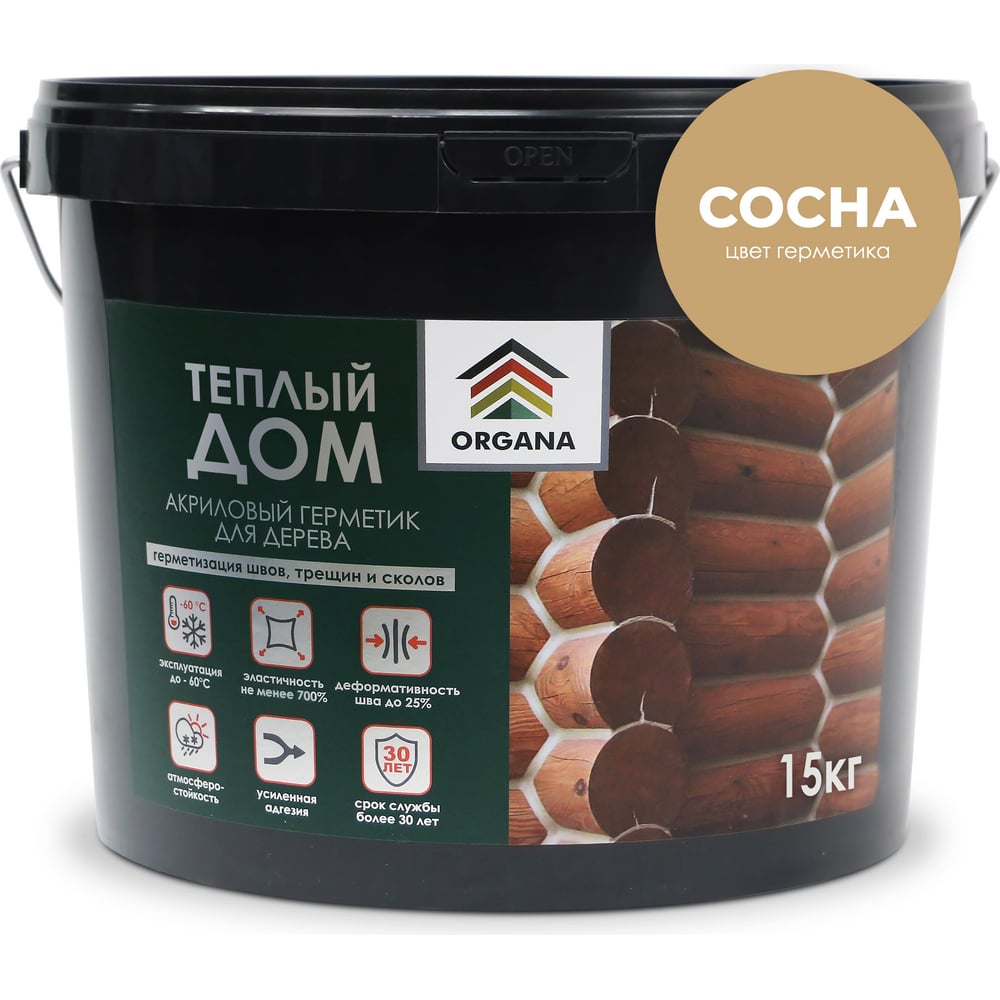 Герметик organa теплый шов log sealant, ведро 15 кг, цвет сосна 108526