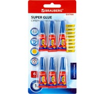 Клей BRAUBERG моментальный суперклей, экономичный, Extra, 1 г, суперпрочный, комплект 6 шт. 608109