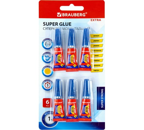 Клей BRAUBERG моментальный суперклей, экономичный, Extra, 1 г, суперпрочный, комплект 6 шт. 608109