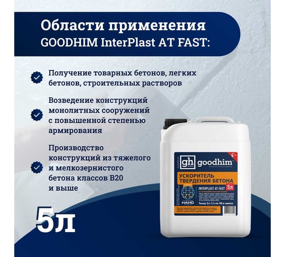 Добавка ускоритель набора прочности для бетонов и растворов InterPlast АT FAST - 5л Goodhim 51