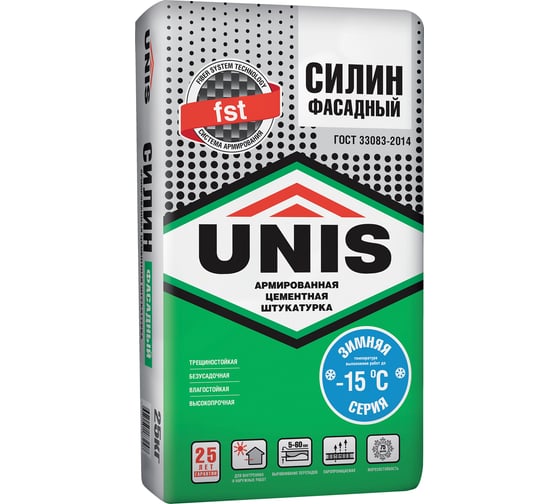 Фасадная цементная штукатурка UNIS Зимний силин фасадный, 25 кг 4607005186119