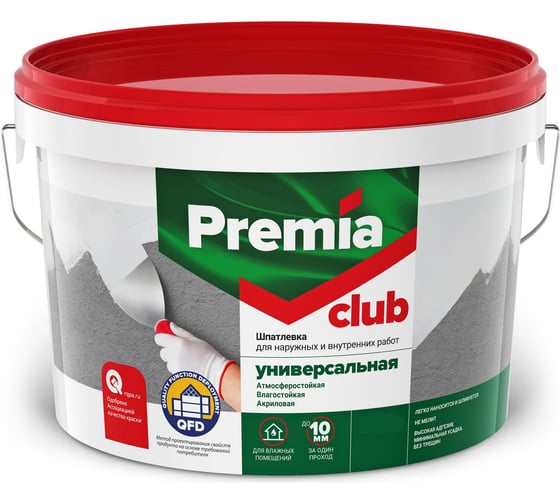 Универсальная шпатлевка Premia Club для наружных и внутренних работ, ведро 8 кг О03936