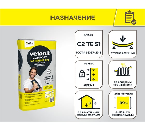 Клей-гель Vetonit comfort extreme fix для мрамора, камня, керамогранита, плитки, белый, 20 кг