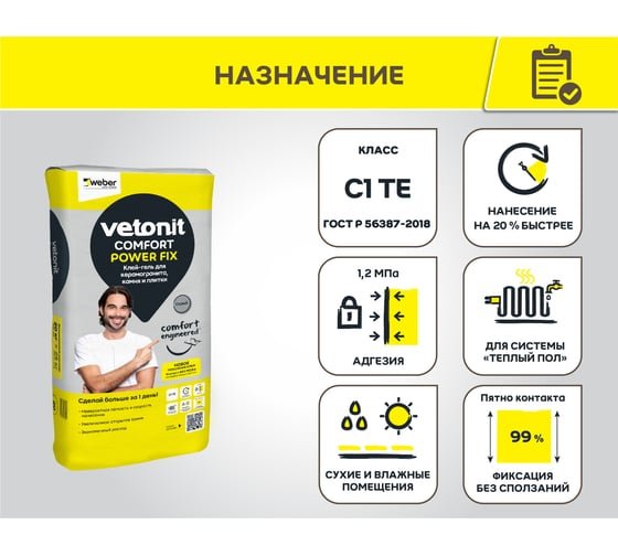 Клей-гель для керамогранита, камня и плитки Vetonit comfort power fix класс C1TE, 20 кг 1021356