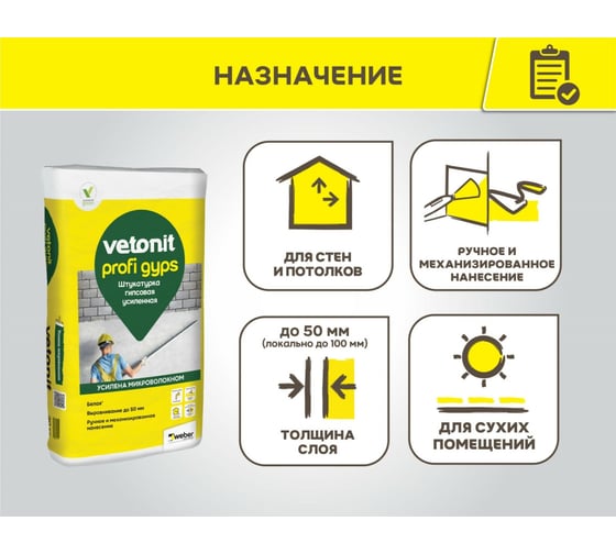 Гипсовая усиленная штукатурка Vetonit profi gyps 30 кг 1013475