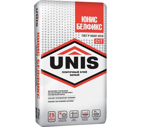 Плиточный клей UNIS БЕЛФИКС белый, класс C1T, 25 кг 4607005181152