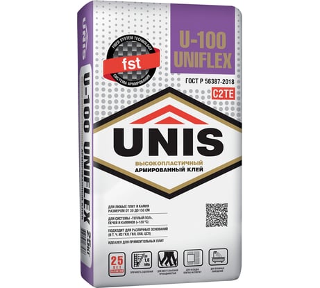 Плиточный клей UNIS UNIFLEX U-100 эластичный, класс C2TE, 25 кг 4607005183576