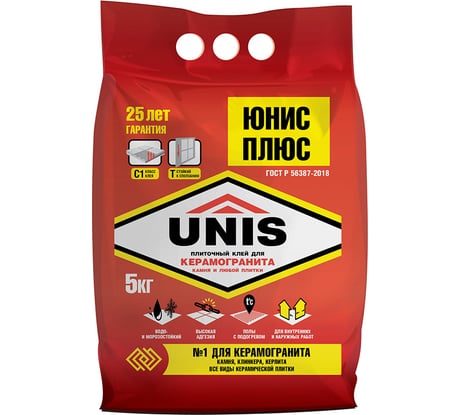 Плиточный клей UNIS Плюс, повыш. прочности, класс C1T, 5 кг 26219