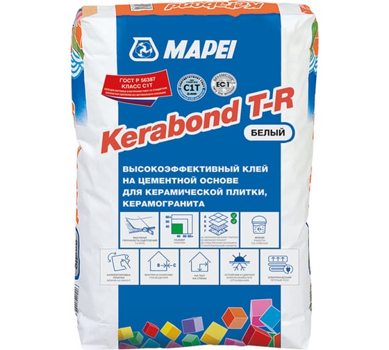 Цементный клей MAPEI KERABOND T для керамической плитки, белый, 25 кг, класс C1T 20911