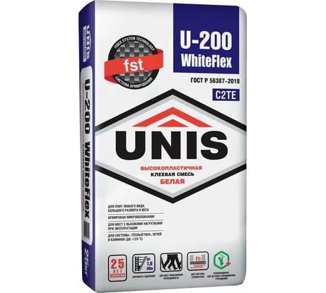 Плиточный клей UNIS WHITEFLEX U-200 белый, высокопластичный, 25 кг, С2ТE 4607005184559