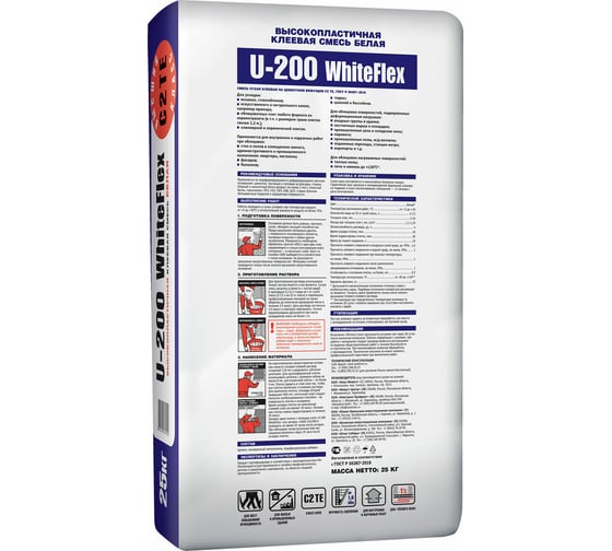 Плиточный клей UNIS WHITEFLEX U-200 белый, высокопластичный, 25 кг, С2ТE 4607005184559