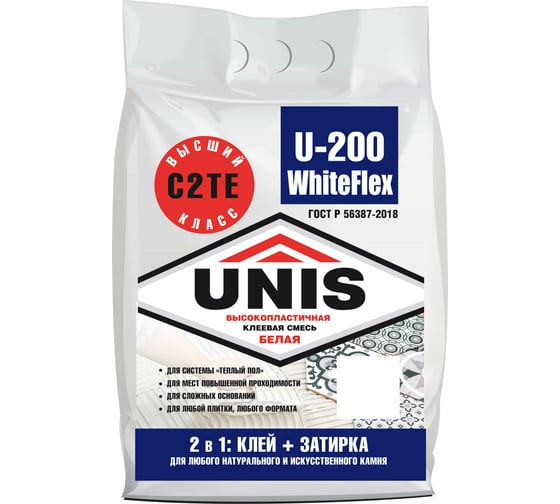 Плиточный клей UNIS WHITEFLEX U-200 белый, высокопластичный, 5 кг, С2ТE 4607005184726