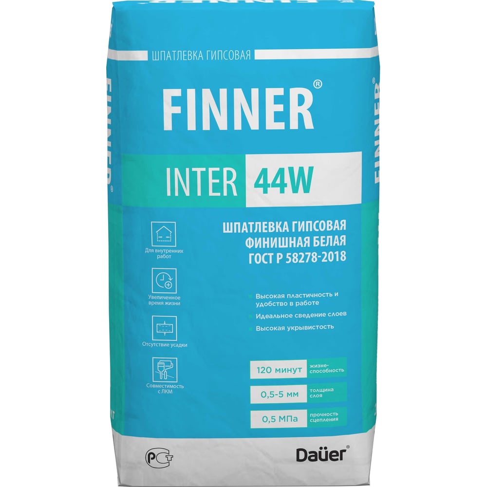 Гипсовая финишная шпатлевка Dauer finner inter 44w белая, 20 кг 31690 ...