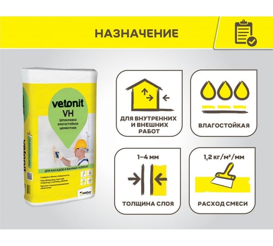Шпаклевка влагостойкая цементная Vetonit Vh 20 кг 1025054