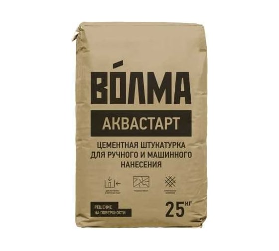 Цементная штукатурка Волма Аквастарт ручного и машинного нанесения, 25 кг, 7.5 Мпа 30001666 1