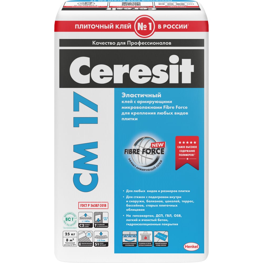 клей для плитки Ceresit CM 17 класс C2TES1, 25 кг .