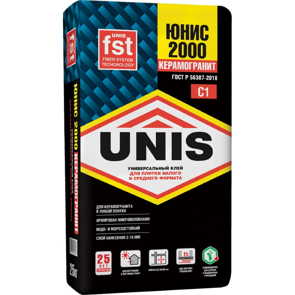 Плиточный клей UNIS Юнис-2000 класс C1, 25 кг 24667 4607005180063 .