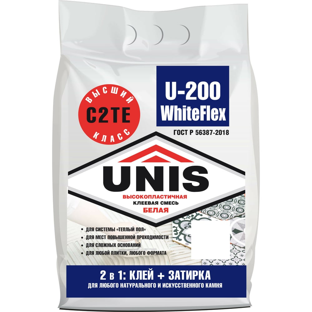 Плиточный клей UNIS WHITEFLEX U-200 белый, высокопластичный, 5 кг, С2ТE ...