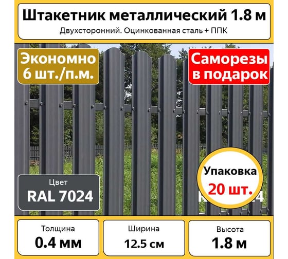 Штакетник металлический ООО ТД КАСКАД евроштакетник полукруглый 20 шт., серый, оцинкованный БП-00008979