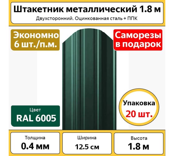 Штакетник металлический ООО ТД КАСКАД евроштакетник полукруглый 20 шт., зеленый / оцинкованный БП-00010878
