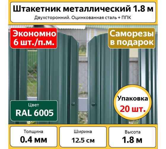 Штакетник металлический ООО ТД КАСКАД евроштакетник полукруглый 20 шт., зеленый / оцинкованный БП-00010878