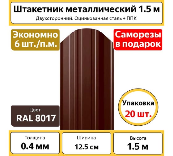 Штакетник металлический (евроштакетник) ООО «ТД «КАСКАД» полукруглый, 20 шт., высота 1.5 м, ширина 12.5 см, толщина 0.4 мм, коричневый, оцинкованный БП-00010882