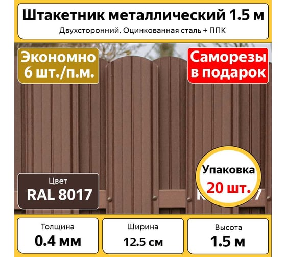 Штакетник металлический (евроштакетник) ООО «ТД «КАСКАД» полукруглый, 20 шт., высота 1.5 м, ширина 12.5 см, толщина 0.4 мм, коричневый, оцинкованный БП-00010882