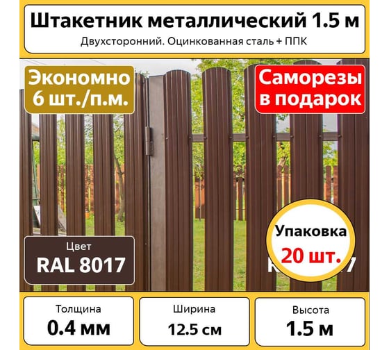 Штакетник металлический (евроштакетник) ООО «ТД «КАСКАД» полукруглый, 20 шт., высота 1.5 м, ширина 12.5 см, толщина 0.4 мм, коричневый, оцинкованный БП-00010882
