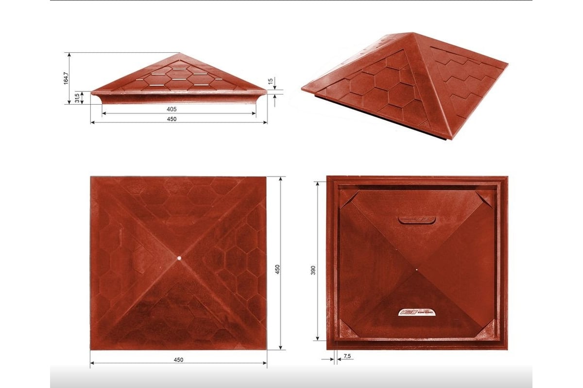 Колпак ППК на заборный столб 1.5x1.5 кирпича Neoкомпозит Гибкая черепица,  390x390x43 мм, терракотовый КЗ-390 ГЧ Т