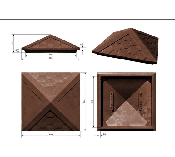 Колпак ППК на заборный столб 2x2 кирпича Neoкомпозит Гибкая черепица, 535x535x43 мм, коричневый КЗ-535 ГЧ К