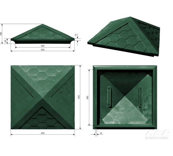 Колпак ппк на столб NeoКомпозит заборный, 1.5x1.5 кирпича, "гибкая черепица", 390x390x43 мм, зеленый КЗ-390 ГЧ З