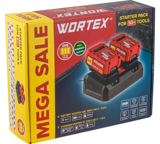 Набор WORTEX аккумулятор 2x4 Ач, зарядное устройство 2x2 А ALL1, в коробке 1329413