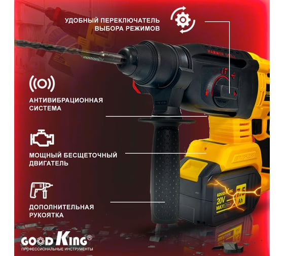 Аккумуляторный перфоратор GOODKING EP-207501, 2 аккумулятора EP-207502
