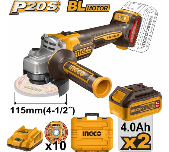 Аккумуляторная угловая шлифмашина INGCO INDUSTRIAL б/щ 115 мм CAGLI211542