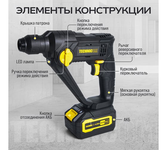 Аккумуляторный перфоратор TECHNICOM 20В, 4Ач, 900 об/мин, 10-5000 уд/мин, 1,1Дж, SDS, патрон 10мм TC-CH420