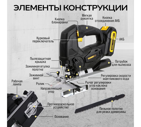 Аккумуляторный лобзик TECHNICOM 20В 2Ач, 0-2400 ход/мин, LED подсветка, 45° угол распила, 3 режима маятникового хода TC-CJ520