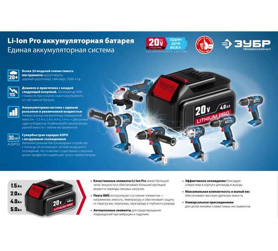 Аккумуляторная батарея ЗУБР Профессионал тип Т7, 18 В, Li-Ion PRO, 4.0 Ач, S-18-4 T7
